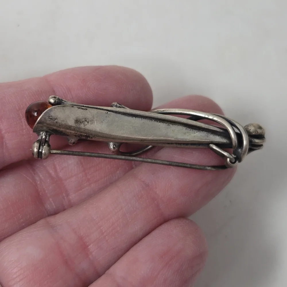Vintage Sterling Silver 925 Baltic Amber 2” Calla Lily Floral Brooch Pin - Picture 5 of 11
